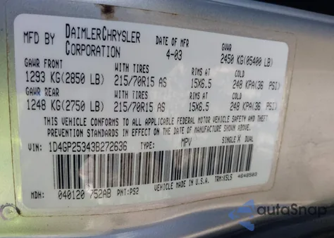 2003 Dodge Caravan Se z USA, uszkodzony, nr VIN 1D4GP25343B272636